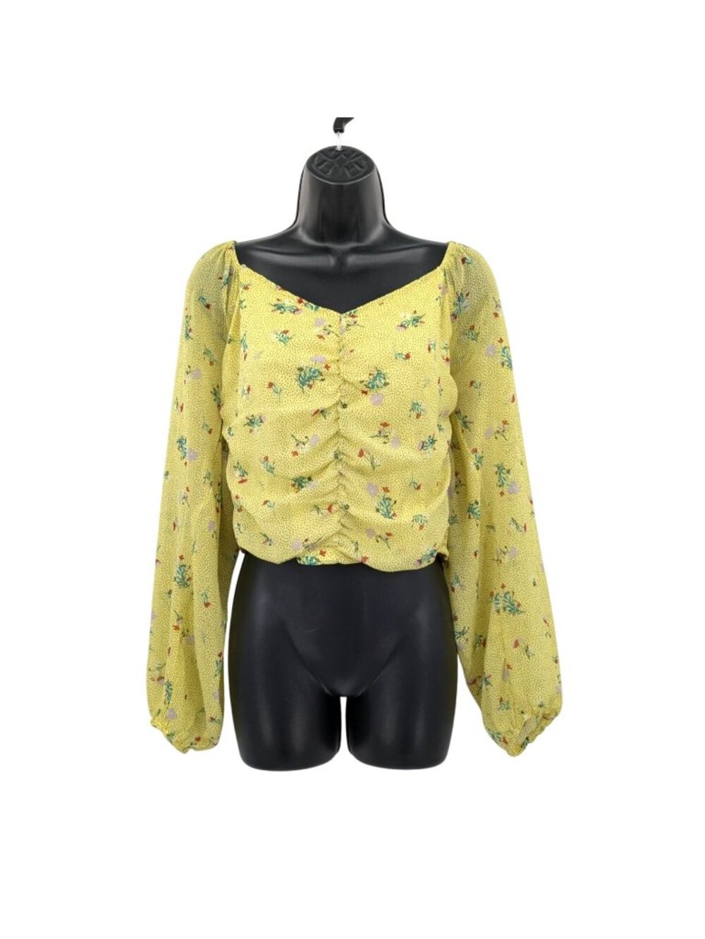 Floral Smocked Crop Top Ruched Long Puff Sleeve Cottage Coquette Festival XLarge